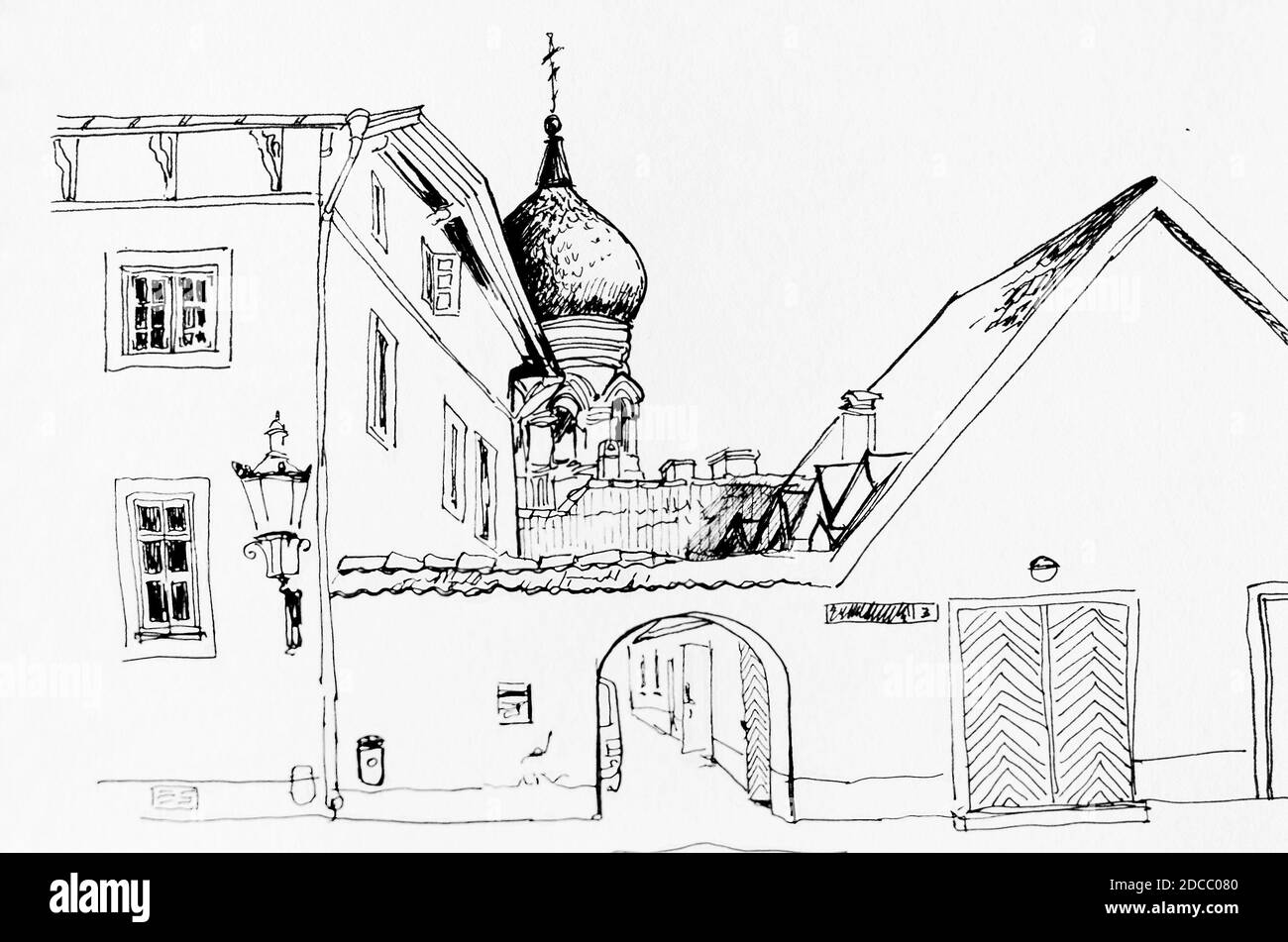 Tallin downtown cityscape street drawing lineart sketch Stock Photo