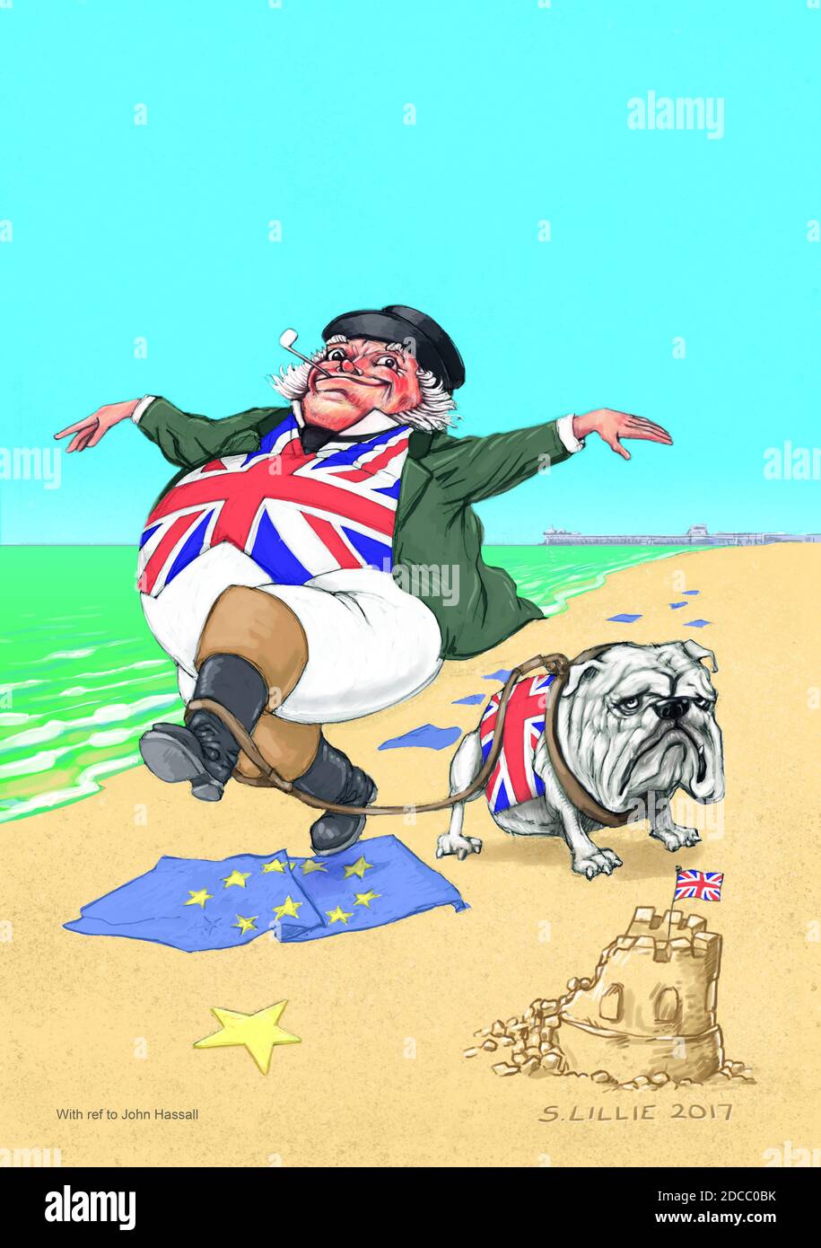Art work illustration, representing Brexit economic uncertainty / anxiety,  featuring John Bull & British Bull Dog with EU flag after John Hassall RI. Stock Photo