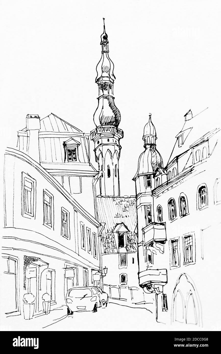 Tallin downtown cityscape with old city hall tower lineart hand drawing architectural sketch Stock Photo