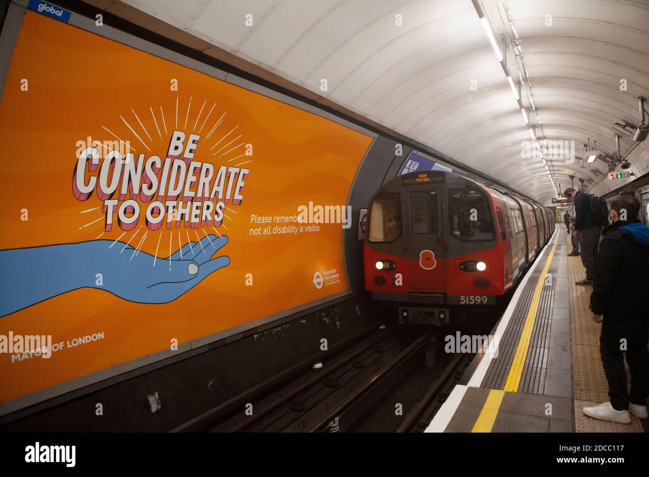 London, UK, 19 November 2020: Posters from the Mayor of London advise people to be considerate to others who may have an invisible disability. Anna Watson/Alamy Live News Stock Photo