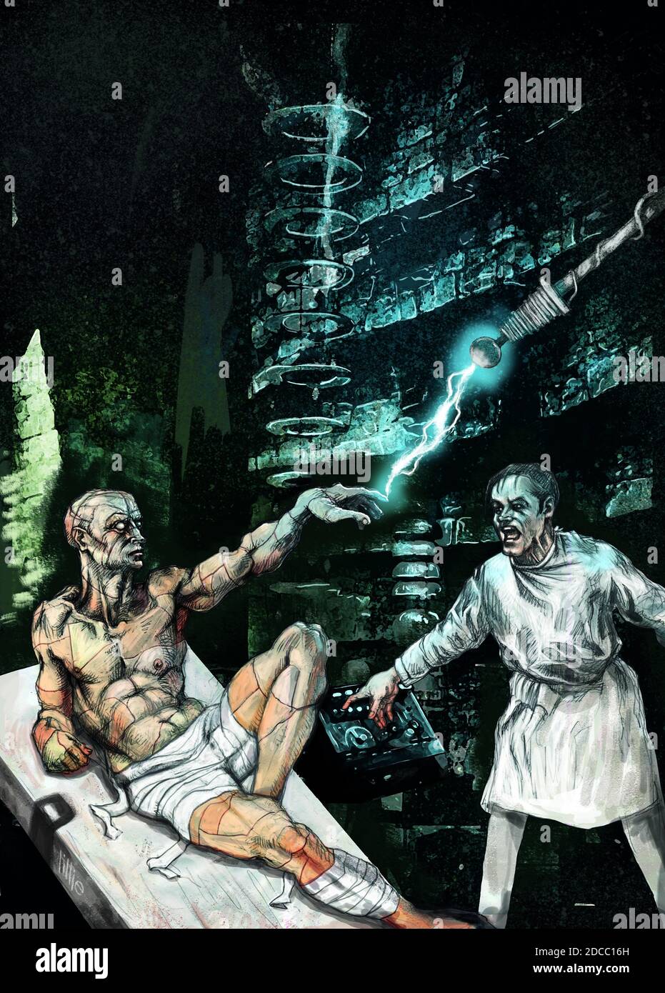 Art illustration inspired by Frankenstein Universal Horror film (90th anniversary 2021) & Michelangelo Creation of Adam life death playing God ethics. Stock Photo