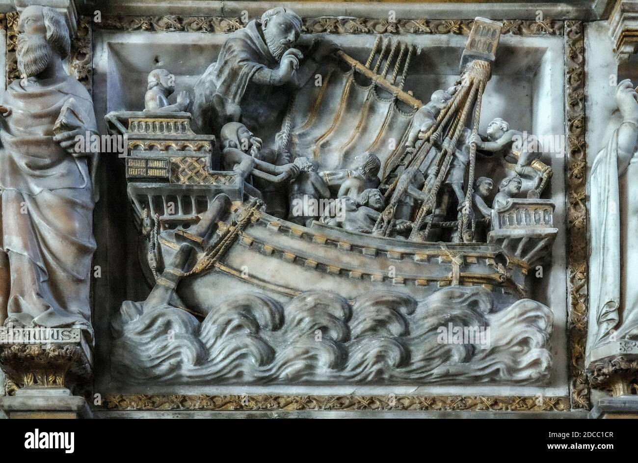 Italy Lombardia - Milan - Church of Sant'Eustorgio - Cloister of Saint Eustorgio - Portinari Chapel - Ark of St. Peter Martyr by Giovanni di Balduccio -Miracle of the ship Stock Photo