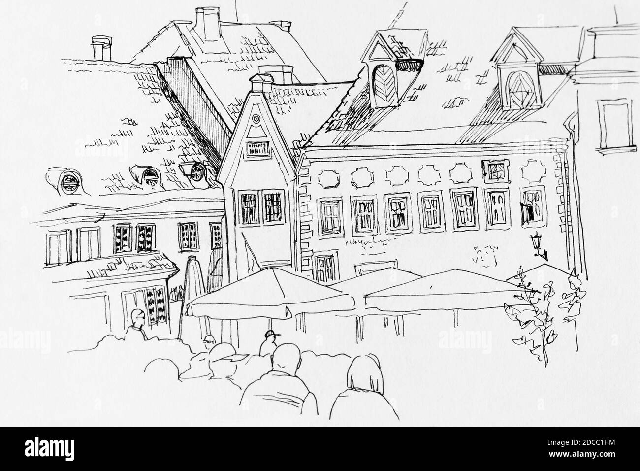 Raekoja plats Tallinn Town Hall Square in a street fest line art hand drawing Stock Photo