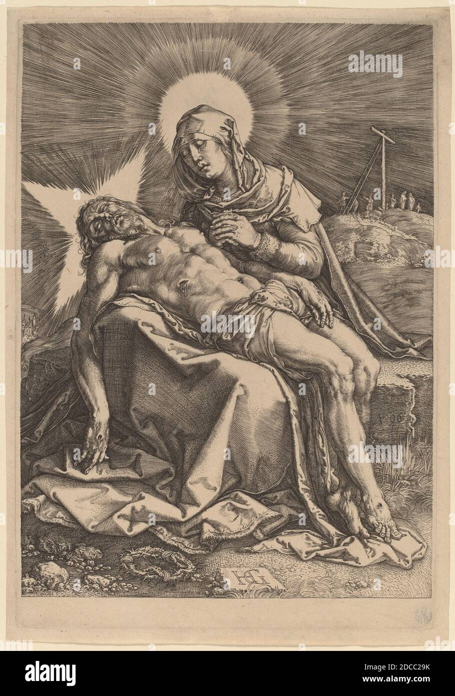 Hendrick Goltzius, (artist), Dutch, 1558 - 1617, Pietà (The Sorrowing Virgin with the Dead Christ in Her Lap), 1596, engraving Stock Photo