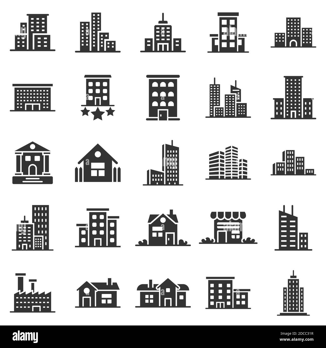 Building icon set in flat style. Town skyscraper apartment vector illustration on white isolated background. City tower business concept. Stock Vector