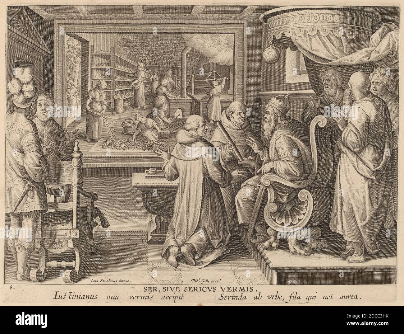 Theodor Galle, (artist), Flemish, c. 1571 - 1633, Jan van der Straet, (artist after), Flemish, 1523 - 1605, Silk Manufacture: pl.8, New Discoveries, (series), c. 1580/1590, engraving Stock Photo