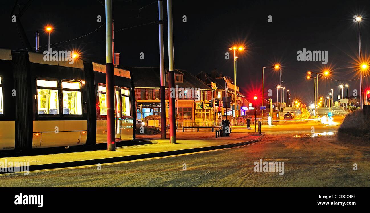 Blackpool tram terminus at Starr Gate at night Stock Photo