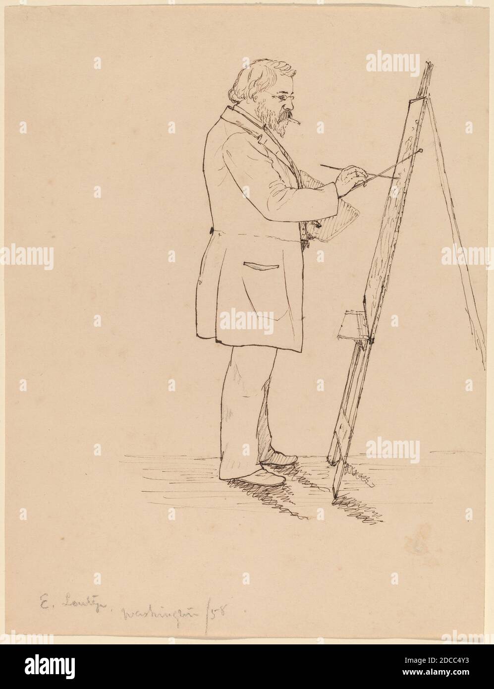 John Quincy Adams Ward, (artist), American, 1830 - 1910, Sketching - Emanuel Leutze, 1858, pen and brown ink over graphite on wove paper, sheet: 21.9 × 16.9 cm (8 5/8 × 6 5/8 in Stock Photo