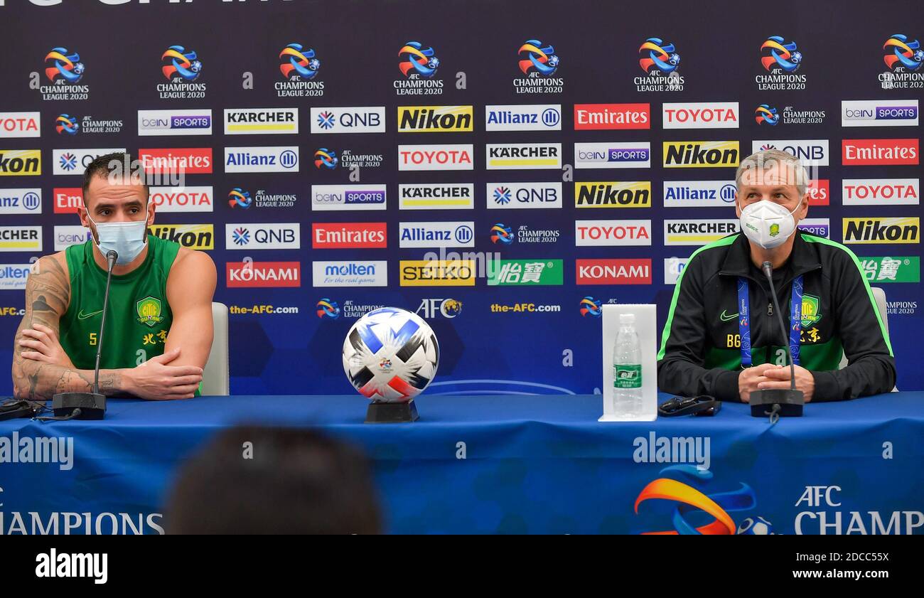 Doha, Qatar. 20th Nov, 2020. Head coach Bruno Genesio (R) and player Renato Augusto of Beijing Guoan attend a press conference ahead of the group E match between Beijing Guoan of China and FC Seoul of South Korea at the AFC Champions League 2020 in Doha, capital of Qatar, Nov. 20, 2020. Credit: Nikku/Xinhua/Alamy Live News Stock Photo