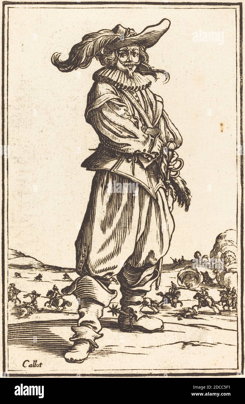 French 17th Century, (artist), Jacques Callot, (artist after), French, 1592 - 1635, Soldier with Feathered Cap, The Nobility of Lorraine, (series), woodcut Stock Photo