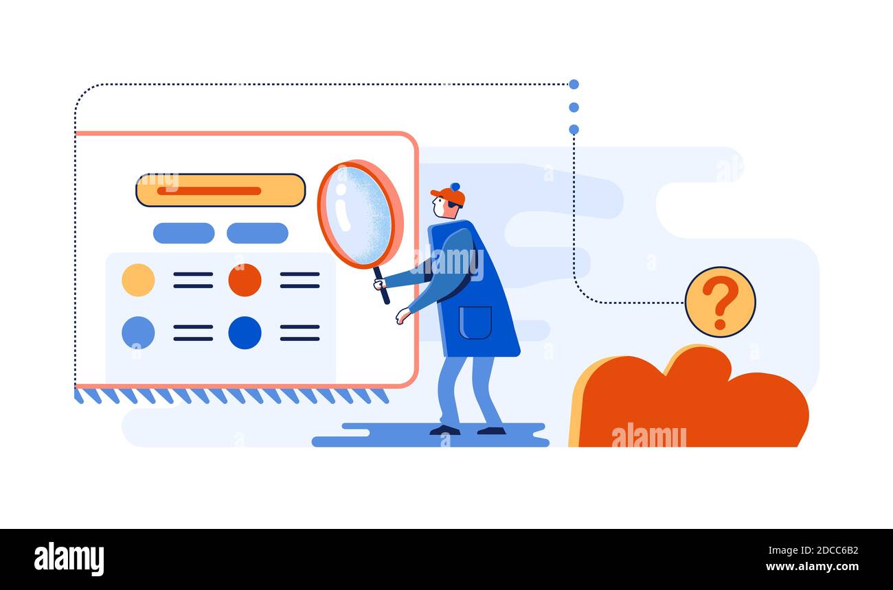 Online Search Concept Detective With Magnifying Glass Examines The Surface Of A Browser Window On Internet With A Search Bar Trying To Find An Answe Stock Photo Alamy