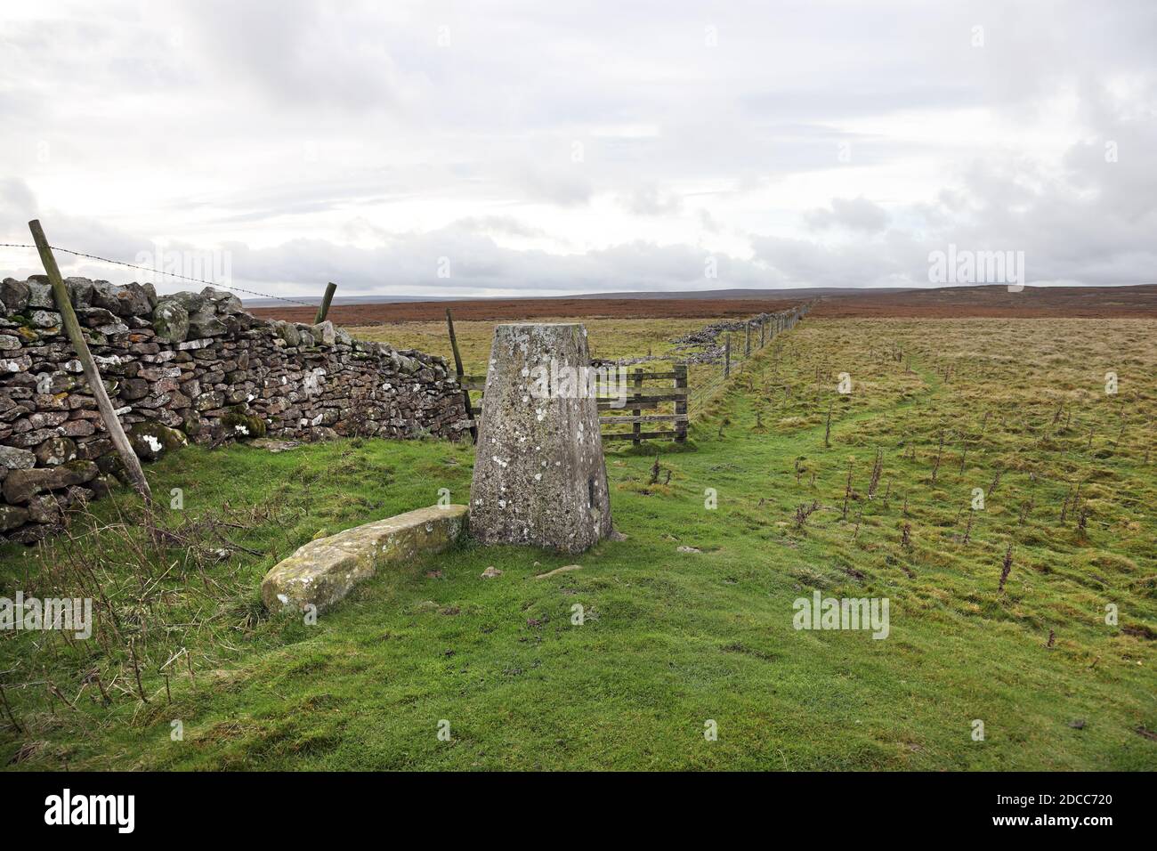 Summit Trig Point on the Ancient Round Barrow of How Tallon, Barningham Moor, Teesdale, County Durham, UK Stock Photo