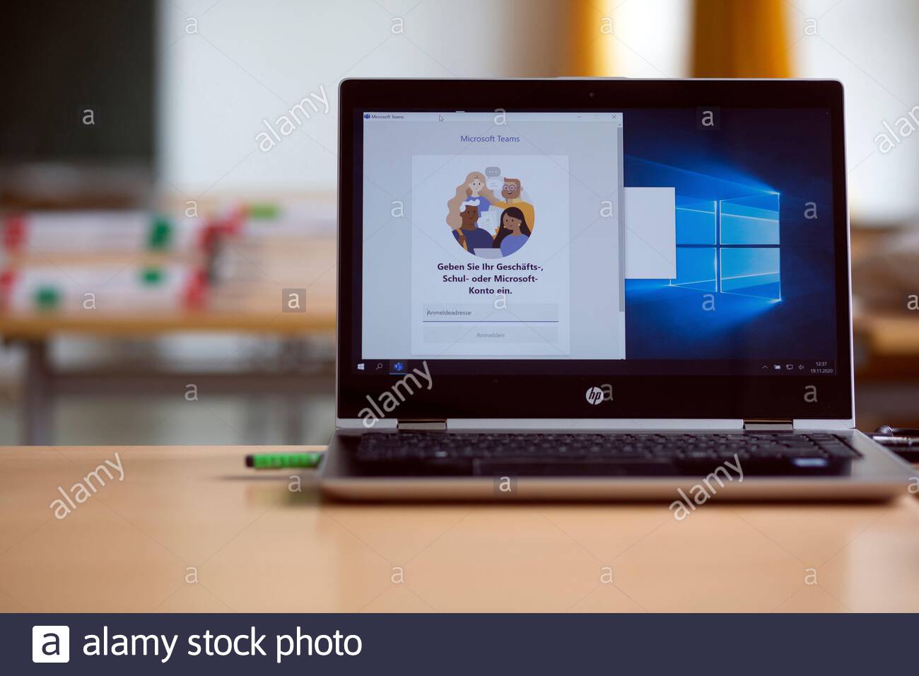 A teacher's computer with Microsoft Teams open and ready to use in an online lesson as more and more German students are forced to self-isolate due to the Corona virus.Daily infections are now over 20,000 and although they have stabilized at that figure schools in particular are struggling to cope with the crisis as teachers too are forced to stay at home.Many teachers resent still being in school and feel let down as they receive little help from ministries of education or health authorities. Stock Photo