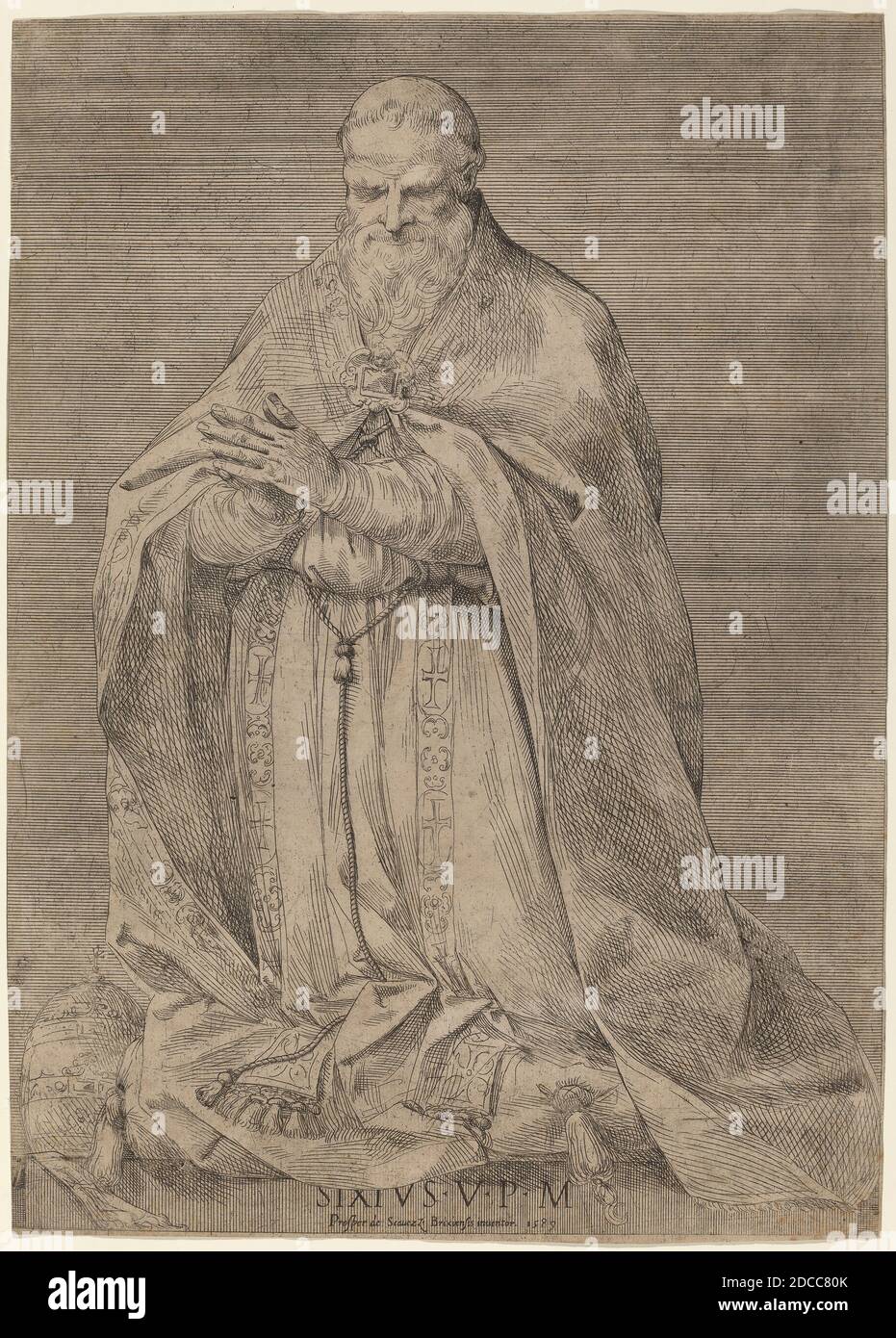 Prospero Bresciano, (artist), Roman, active 1589, Giuseppe Cesari, (artist), Roman, 1568 - 1640, Pope Sixtus V, 1589, etching Stock Photo