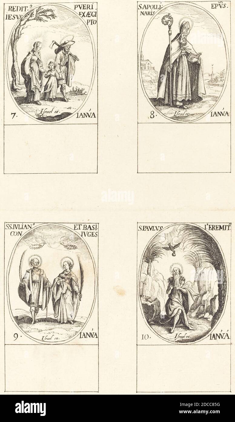 French 17th Century, (artist), Jacques Callot, (related artist), French, 1592 - 1635, Return from Egypt; St. Apollinaire; St. Julian and Basilissa; St. Paul Hermit, The Calendar of Saints, (series), pen and black ink on laid paper Stock Photo