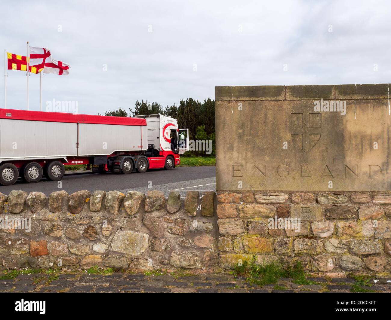 A truck parked at the England/Scotland border. Stock Photo