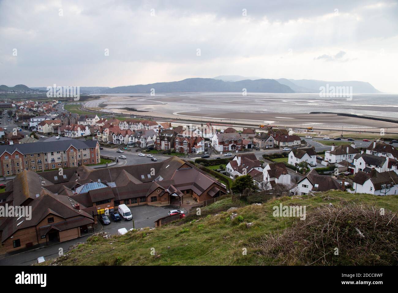 A view from the Great Orme of Llandudno West shore, Deganwy, Conwy estuary, Penmaenmawr and Snowdonia beyond in North Wales, U.K. Stock Photo