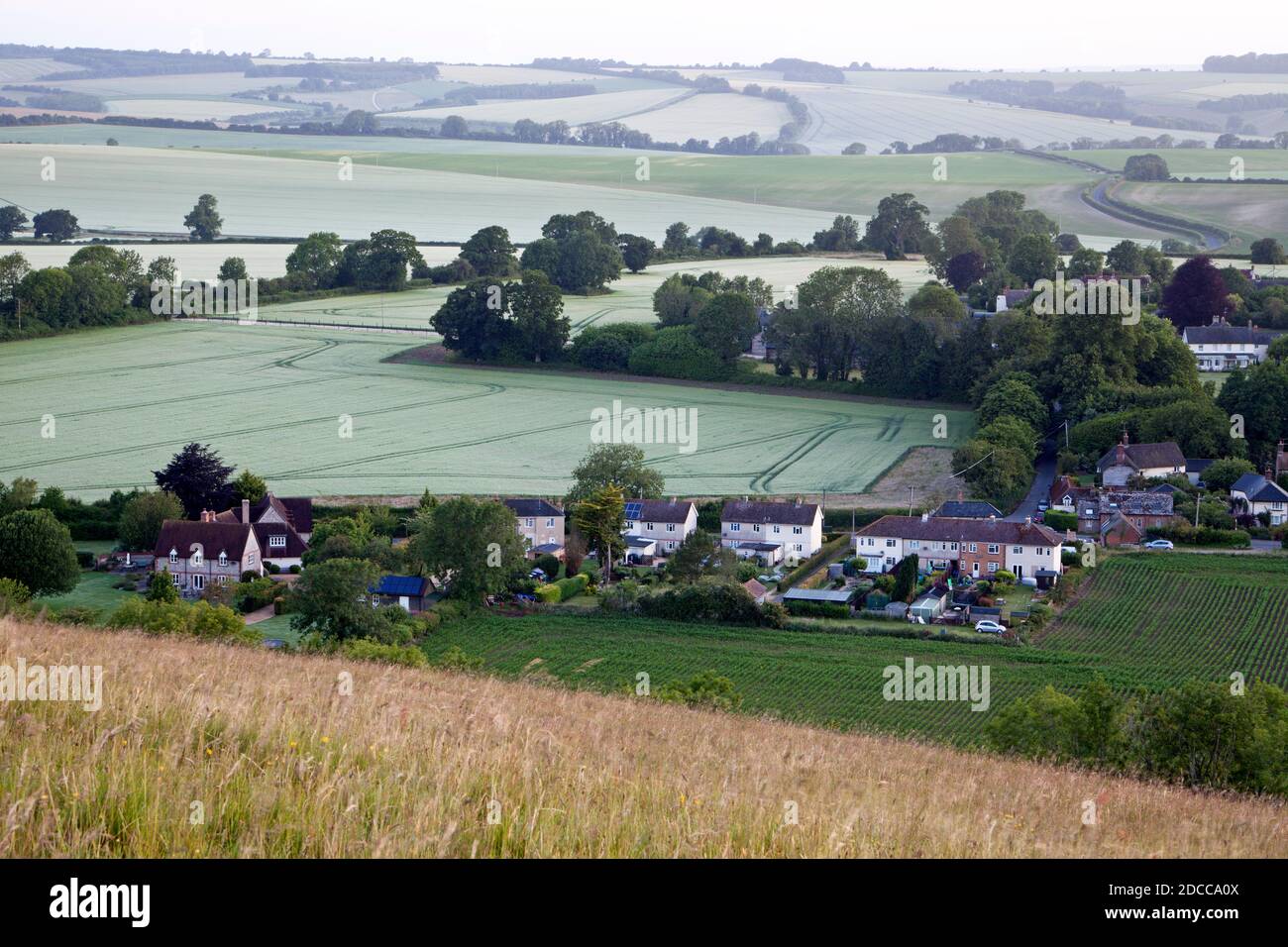 The village of Bowerchalke in Wiltshire, photographed from Marleycombe Hill. Stock Photo
