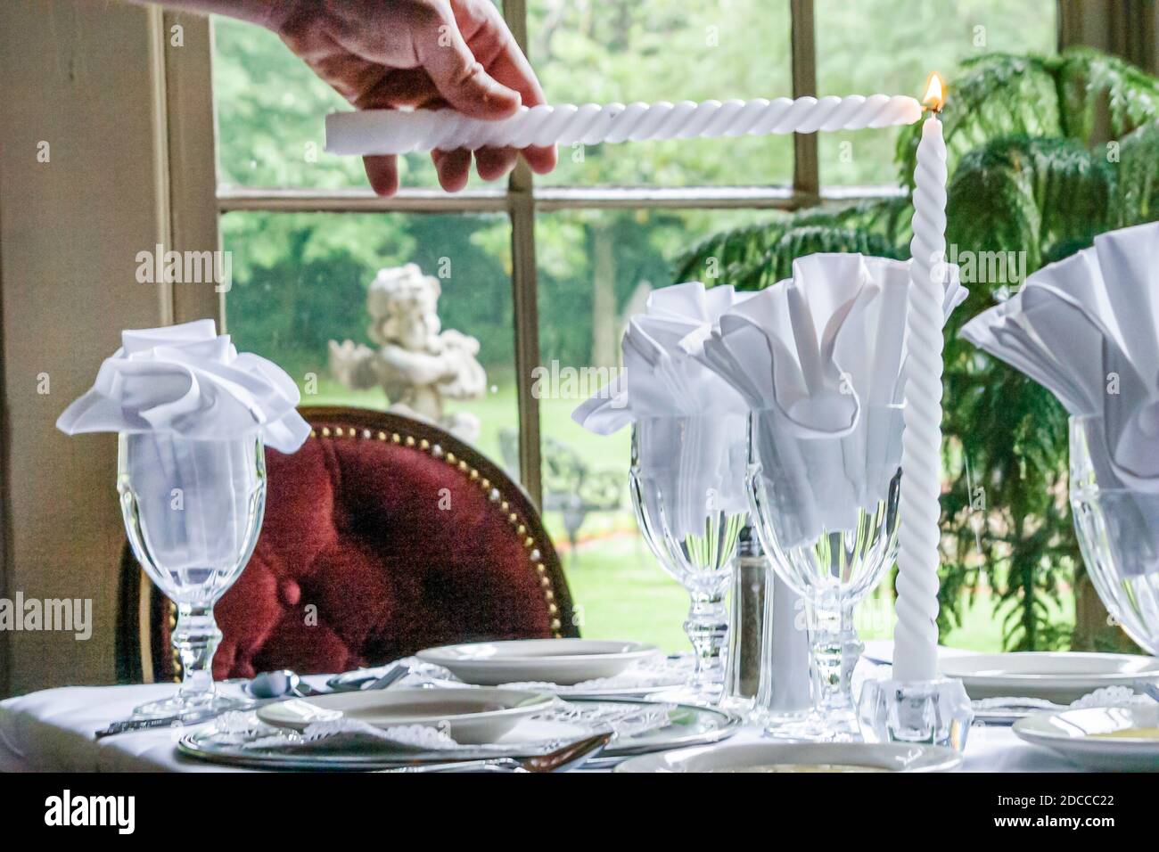 Mississippi Vicksburg Cedar Grove Mansion Inn hotel restaurant inside interior,table setting lit candle, Stock Photo