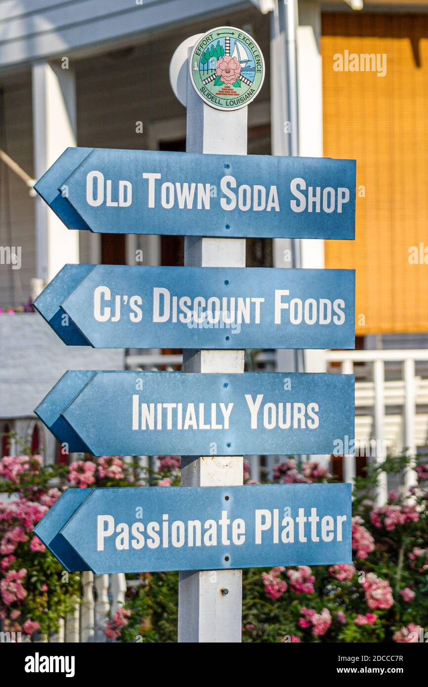 Louisiana St. Tammany Parish Northshore,Slidell Historic Olde Old Towne Town Antique District,shopping merchants stores businesses directional sign si Stock Photo