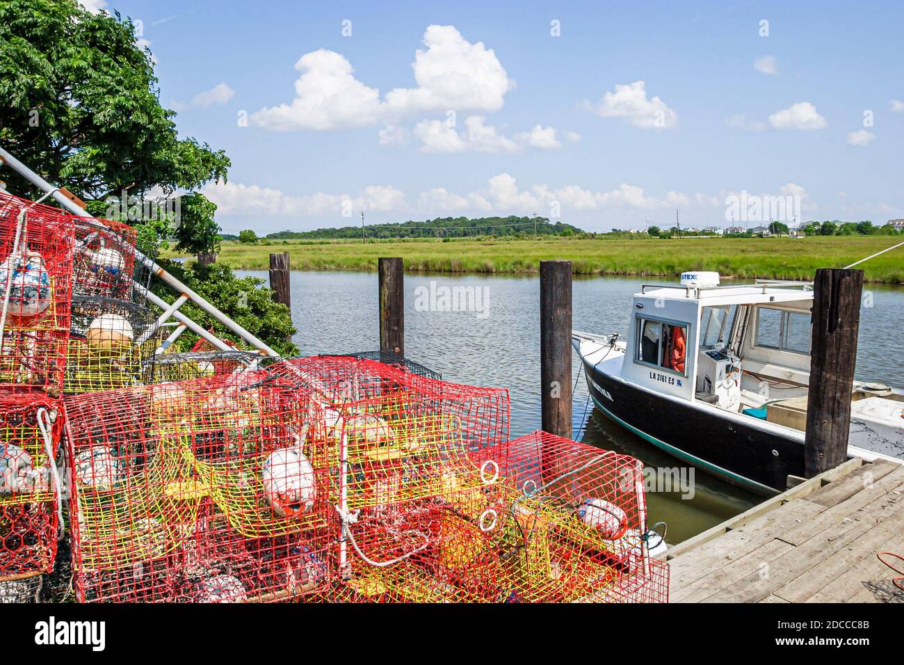 Louisiana St. Tammany Parish Northshore, Slidell Salt Bayou crab traps commercial crabbing boat, Stock Photo