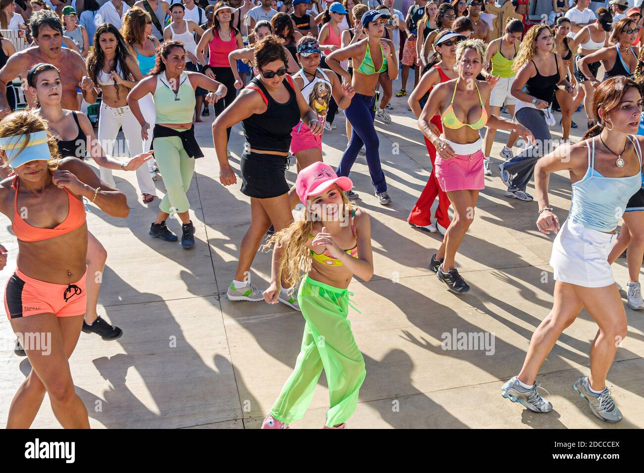 Miami Beach Florida,Ocean Drive,Lummus Park,Fitness Festival Zumba class exercise workout Hispanic women female, Stock Photo