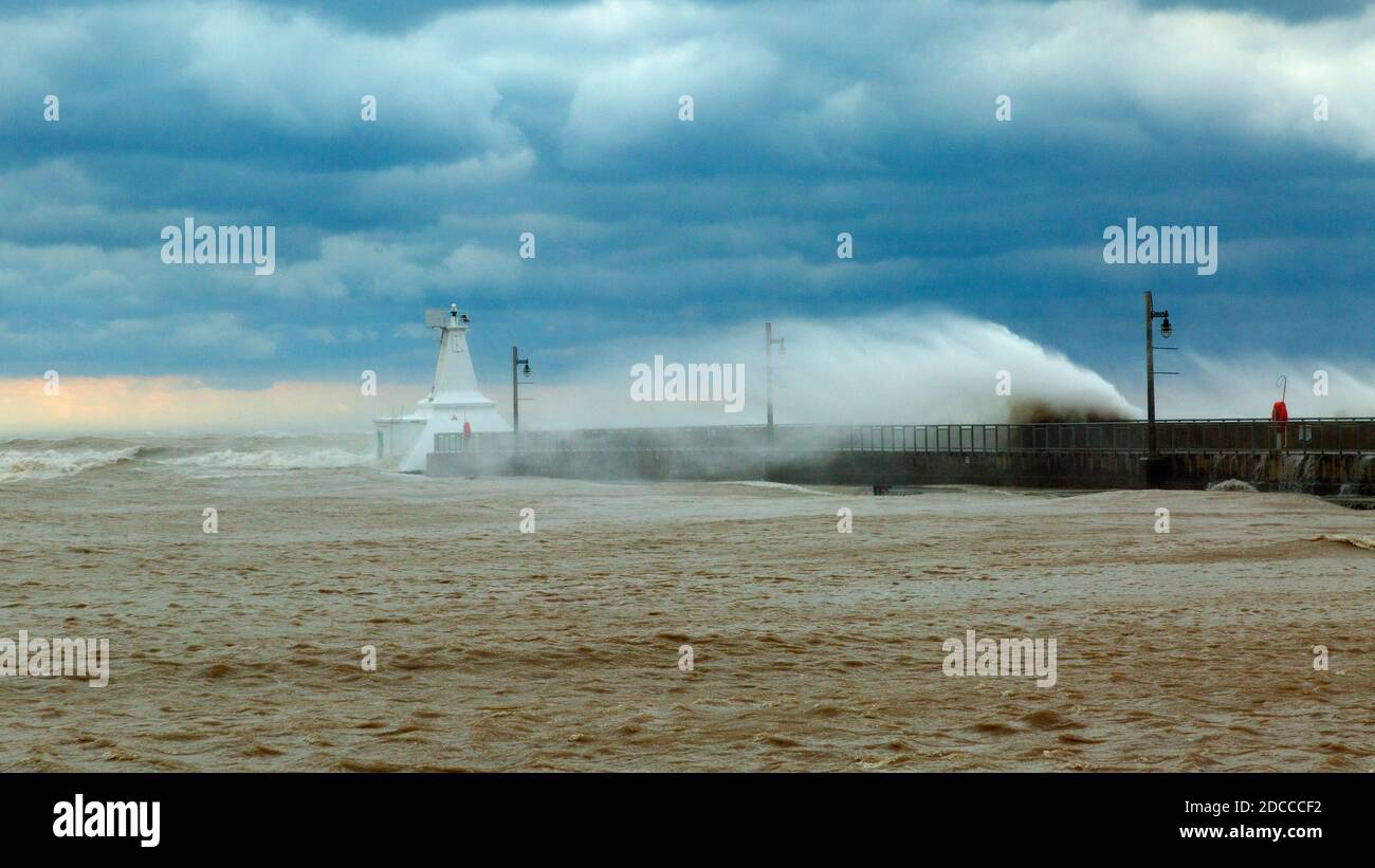 Extreme storm condition with high waves, Port Stanley Ontario Canada on the north shore of Lake Erie. Stock Photo