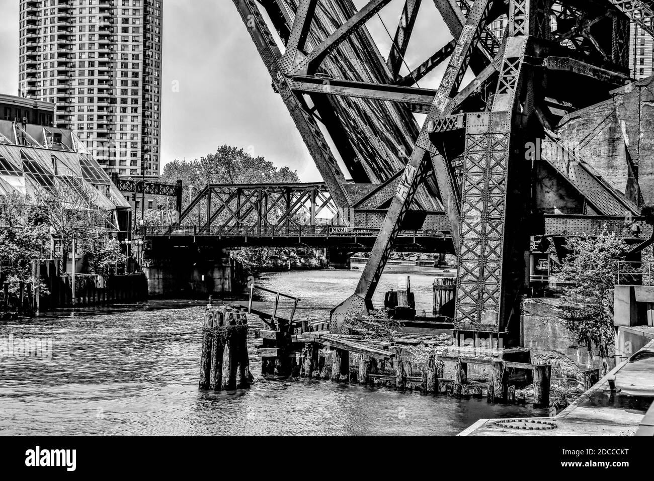 vintage steel and iron abandoned railway bridge in the city Stock Photo