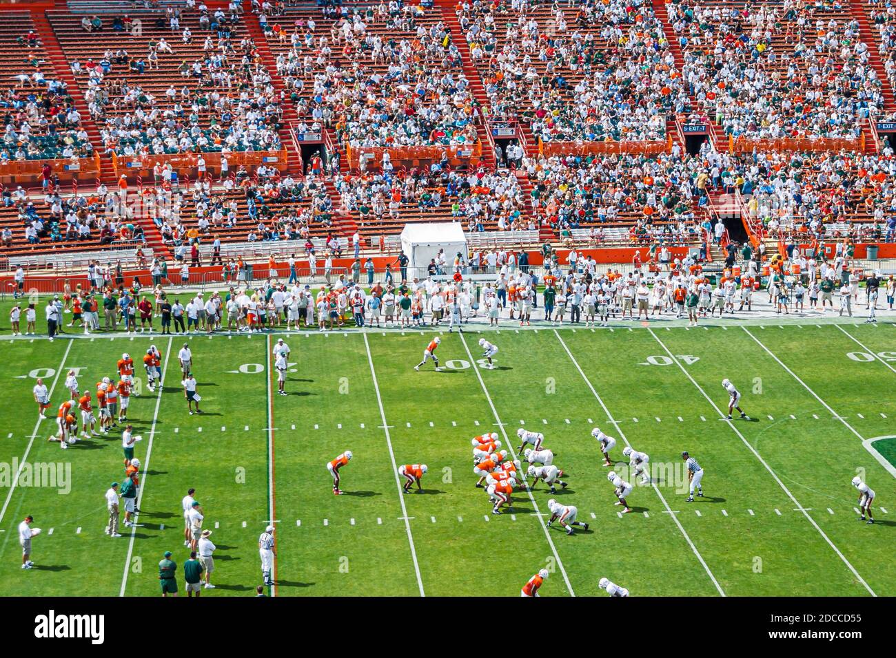 Miami Florida,Orange Bowl University of Miami Hurricanes Canesfest,college football preseason scrimmage fans stadium field game players, Stock Photo