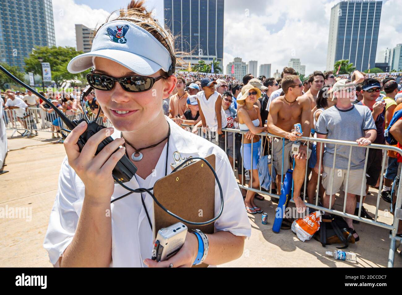 Miami Florida,Bayfront Park Red Bull Flugtag,festival event fair,flying contraptions competition,woman female staff communications using 2-way radio, Stock Photo