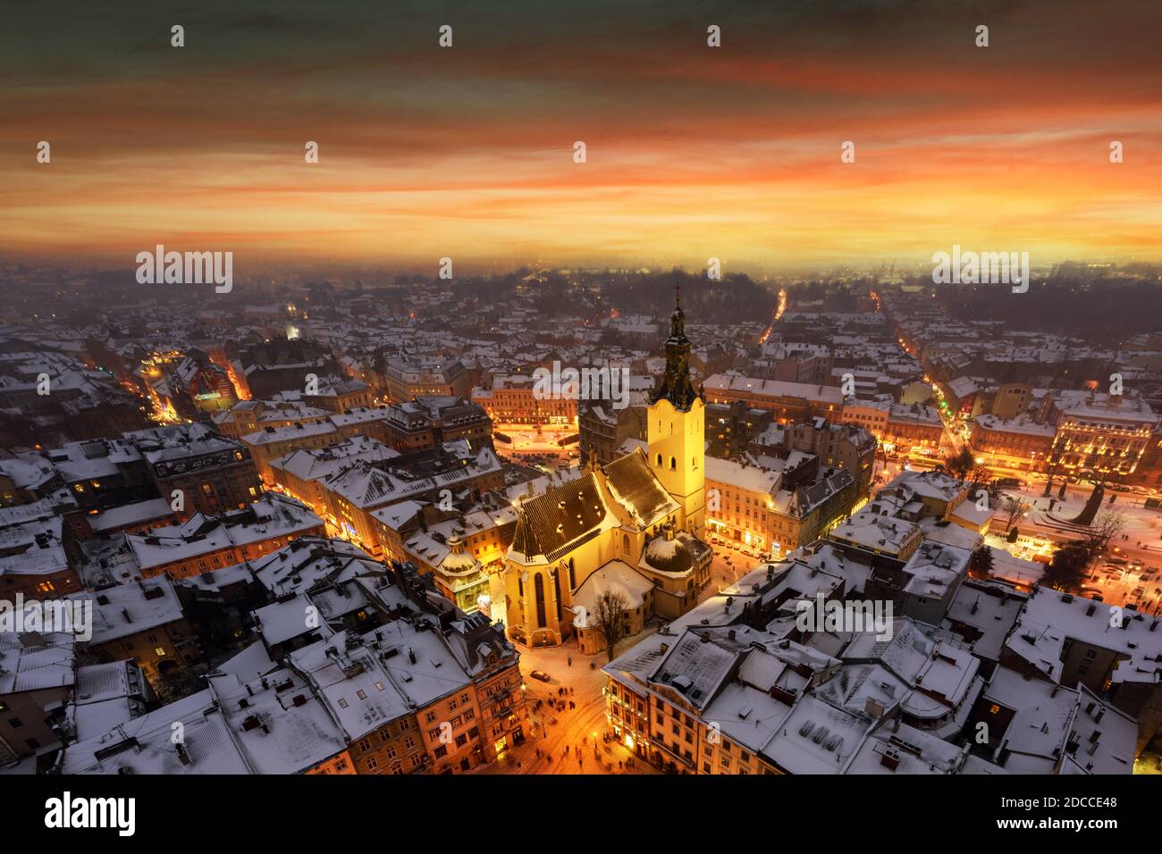 Gorgeus cityscape of winter Lviv city from top of town hall during sunset, Ukraine. Landscape photography Stock Photo
