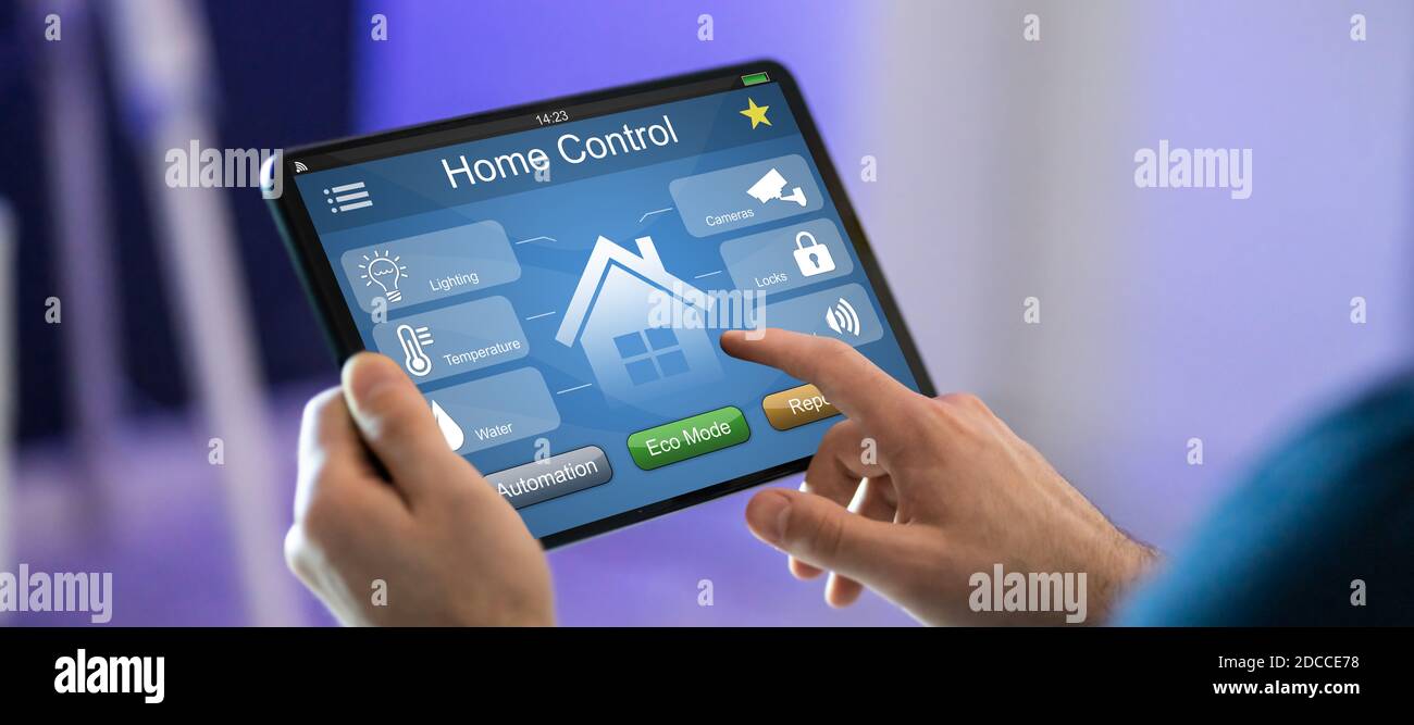 Online Home Control And Security On Tablet Stock Photo