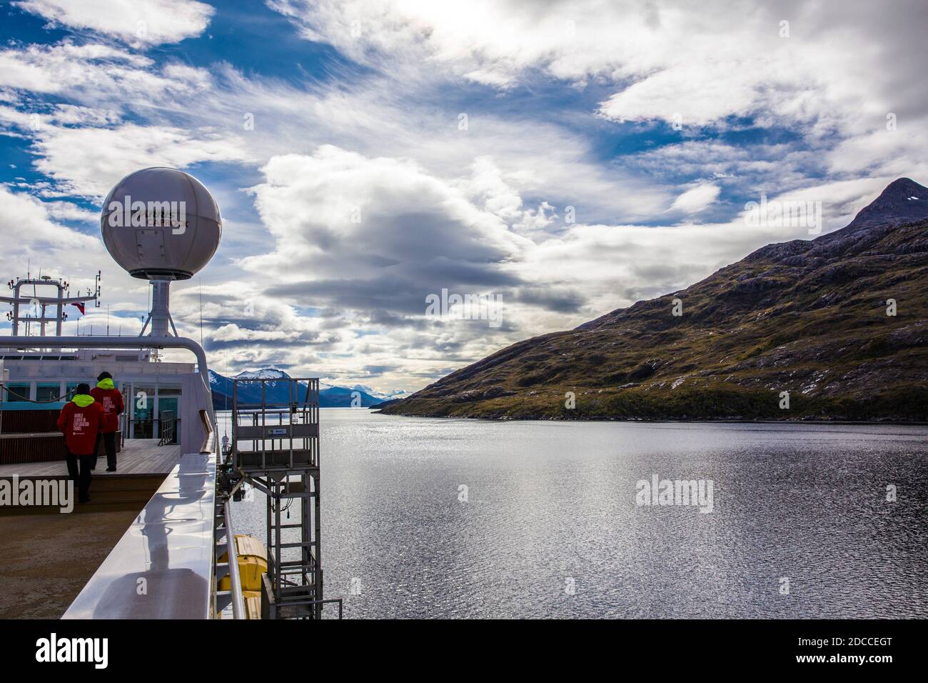 View from the cruise ship MS Midnatsol (Hurtigruten) in the fjords of Patagonia with the next stage destination of Garibaldi Fjord. Stock Photo