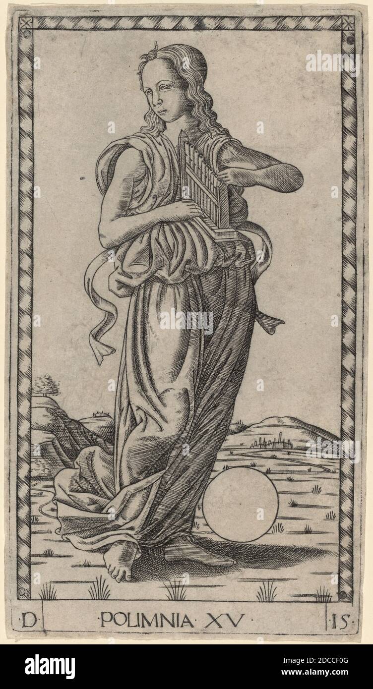 Master of the E-Series Tarocchi, (artist), Ferrarese, active c. 1465, Polimnia (Polyhymnia), E-Series (Apollo and the Muses): no.XV, (series), c. 1465, engraving, sheet: 18.9 x 10.4 cm (7 7/16 x 4 1/8 in Stock Photo