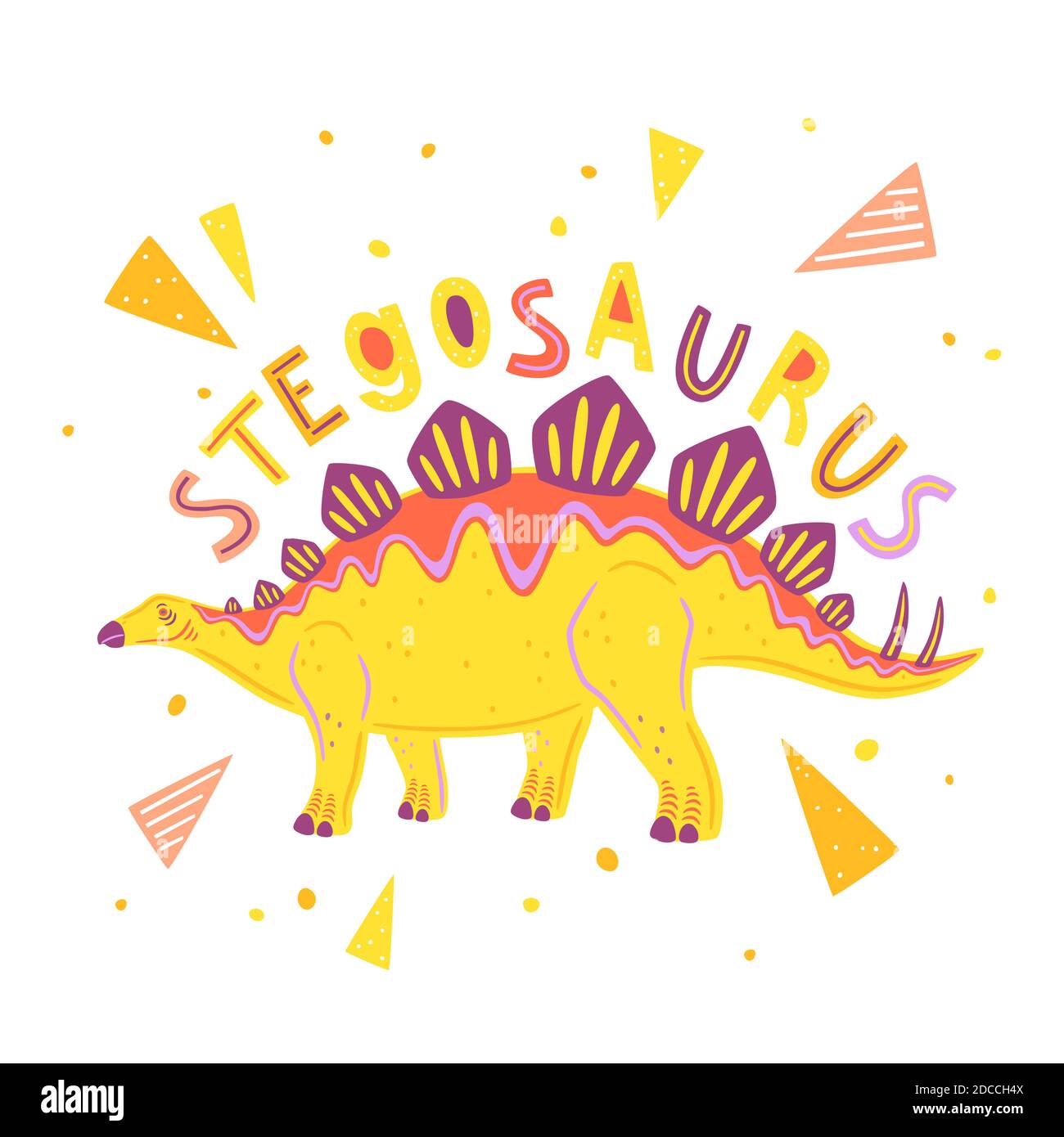 Vector Stegosaurus isolated on white background. Vector illustration with lettering and colorful geometric elements Stock Vector