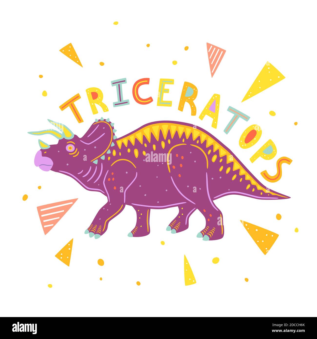 Vector Triceratops isolated on white background. Vector illustration with lettering and colorful geometric elements Stock Vector