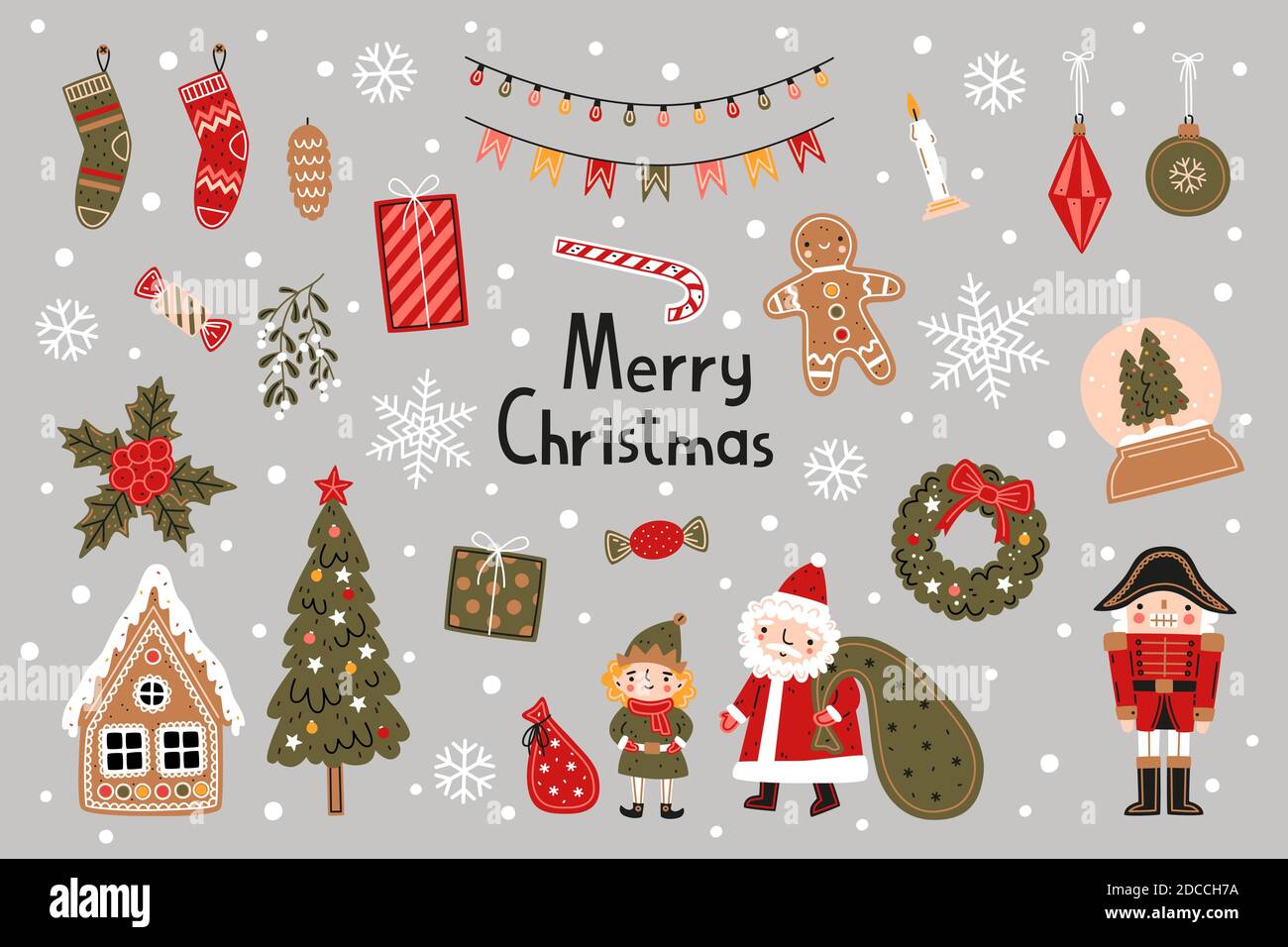 Christmas set. Flat vector illustration. New Year decorative elements Stock Vector