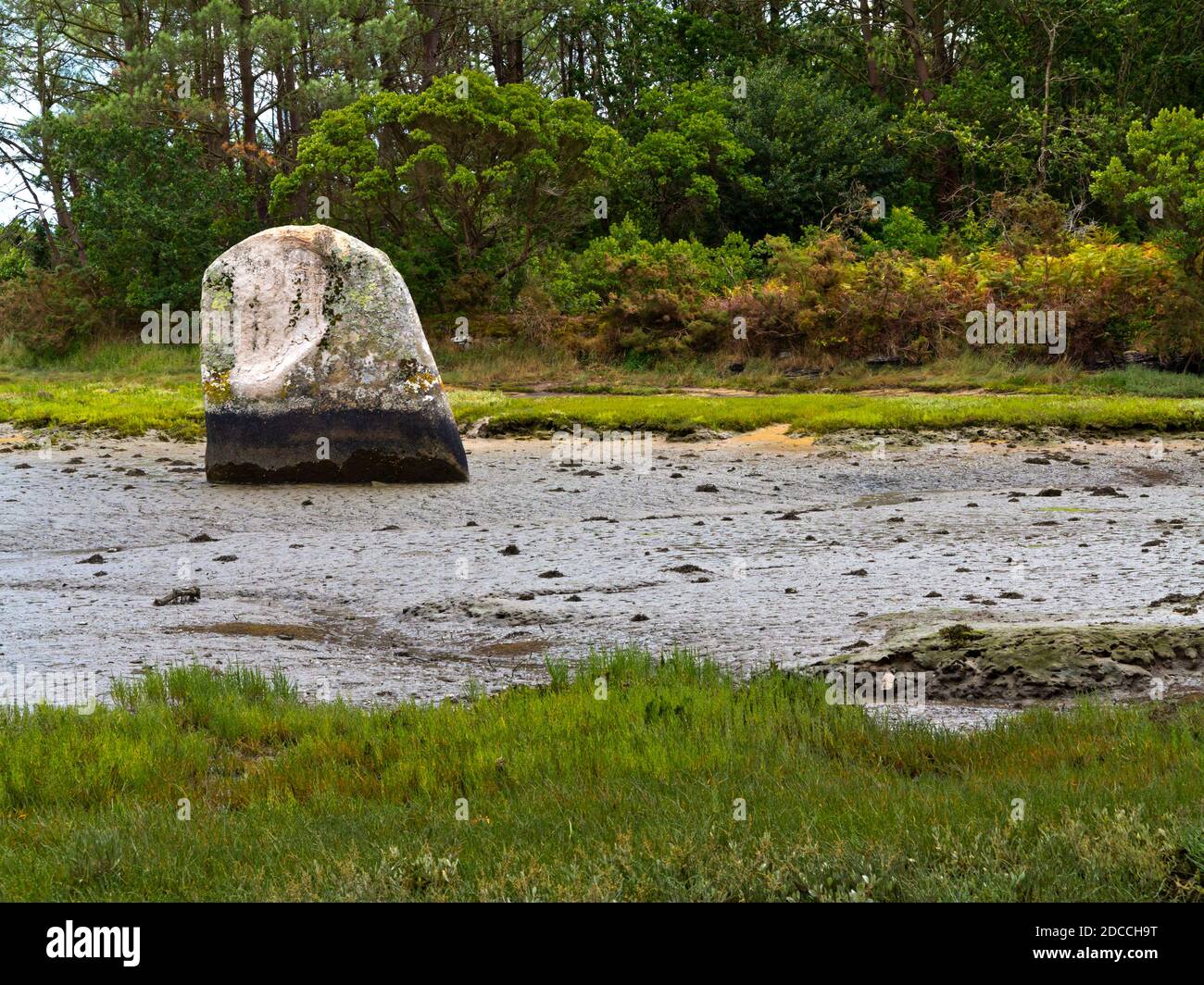 Prehistoric menhir rock in the estuary at Pont L'Abbe in Finistere ...