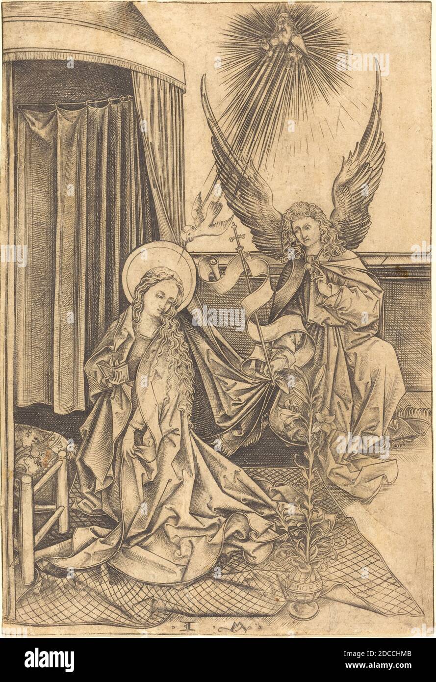 Israhel van Meckenem, (artist), German, c. 1445 - 1503, Martin Schongauer, (artist after), German, c. 1450 - 1491, The Annunciation, c. 1480/1490, engraving Stock Photo