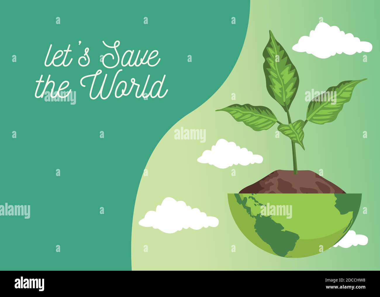 save the world environmental poster with earth planet and plant scene ...