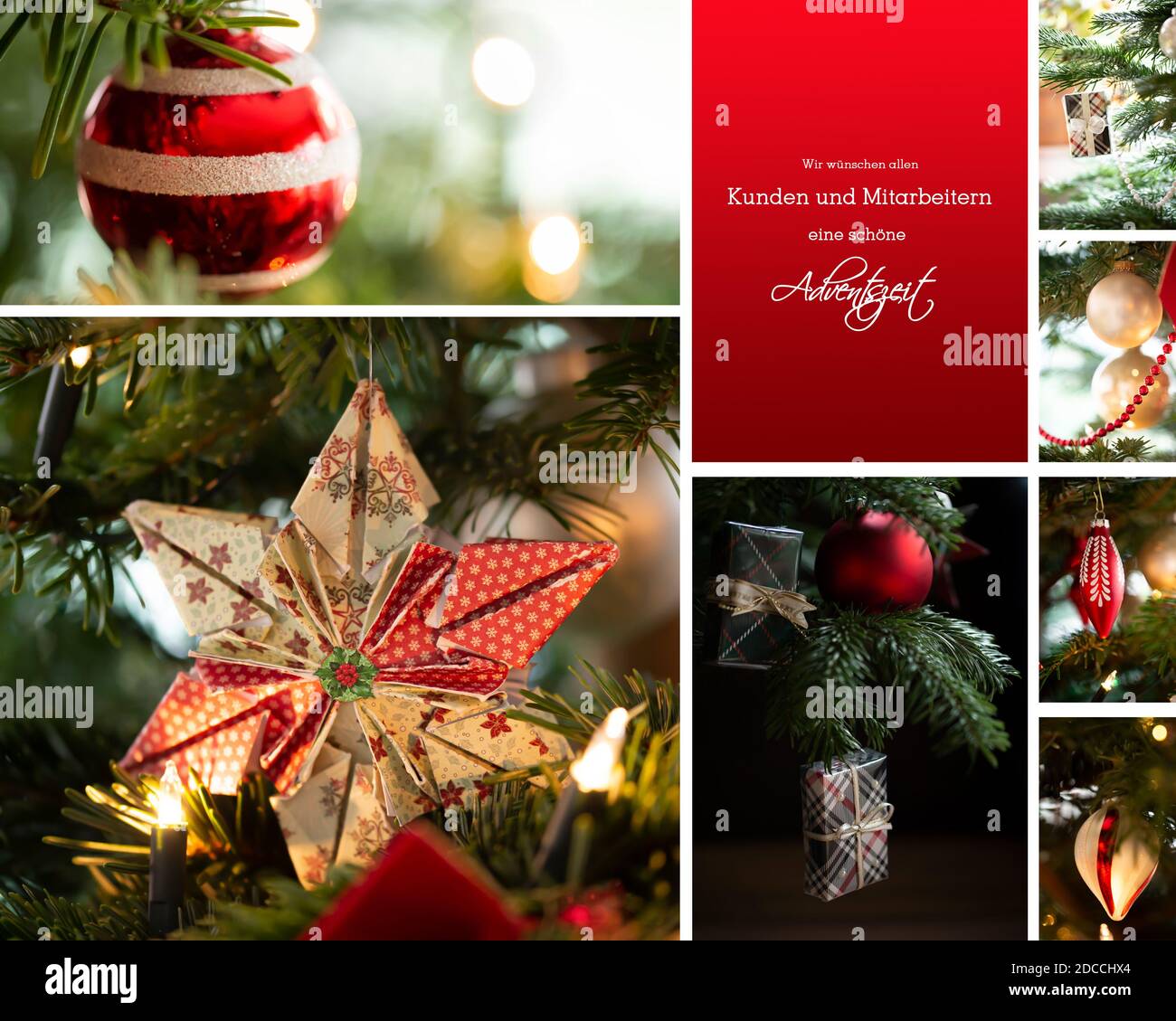 Several macro photographies shows baubles, stars and gifts on real Nordmann fir. German text says: We wish our customers and employees a wonderful Adv Stock Photo