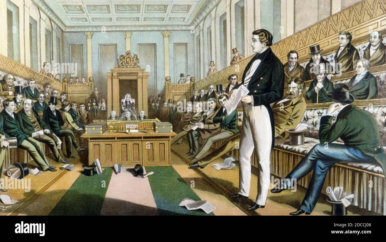 WILLIAM EWART GLADSTONE (1809-1898) Tory politician after  winning a seat in Newark-on-Trent in 1832, makes his maiden speech in the House of Commons on 3 June 1833, defending the interests of West Indian sugar plantation slave owners, including his father. Stock Photo