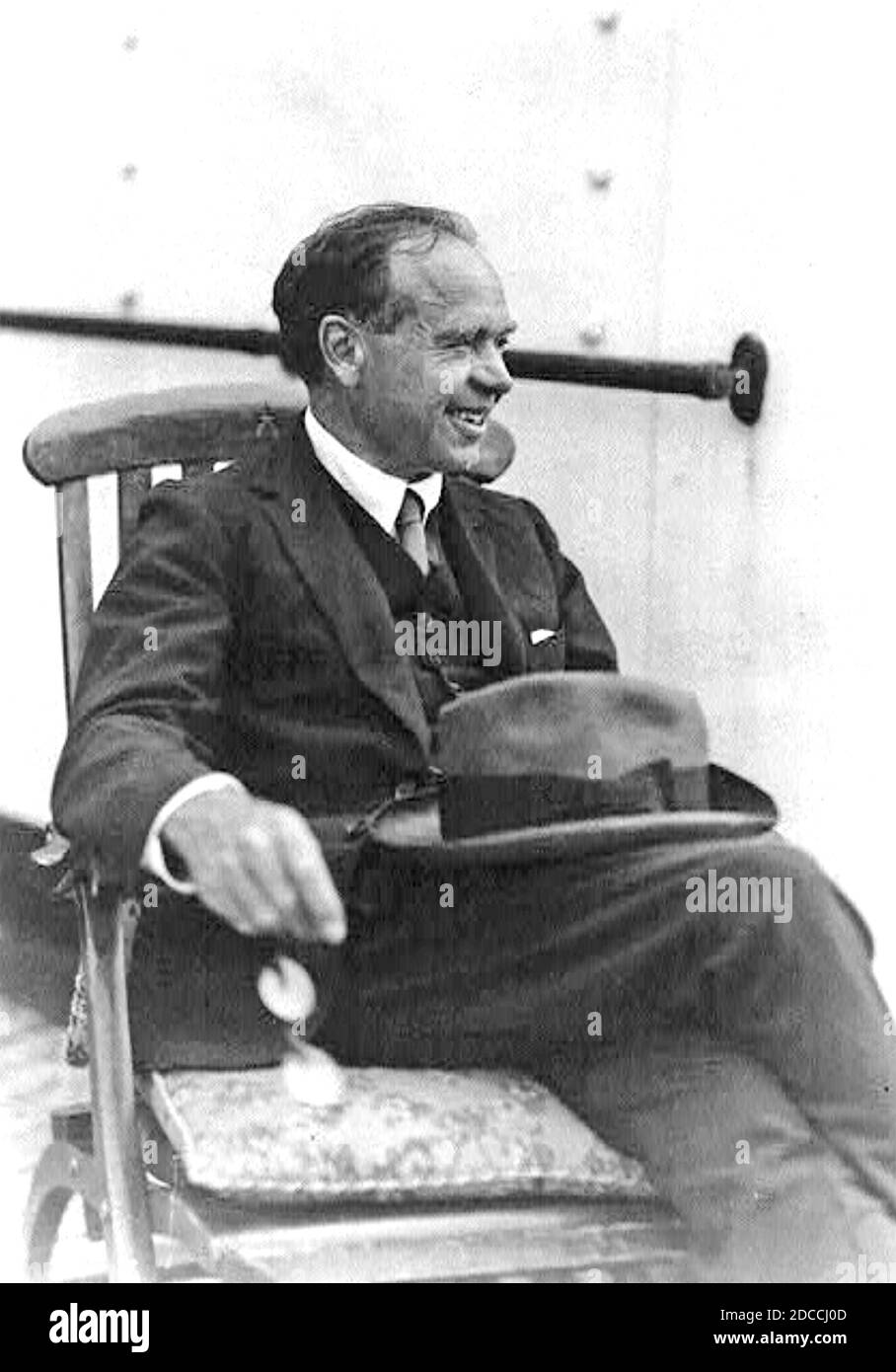 MAX AITKEN, Lod Beaverbrook (1879-1964) Canadian-British newspaper publisher and political influencer onboard a ship  in New York harbour in 1948. Photo: Bains News Serrvice Stock Photo