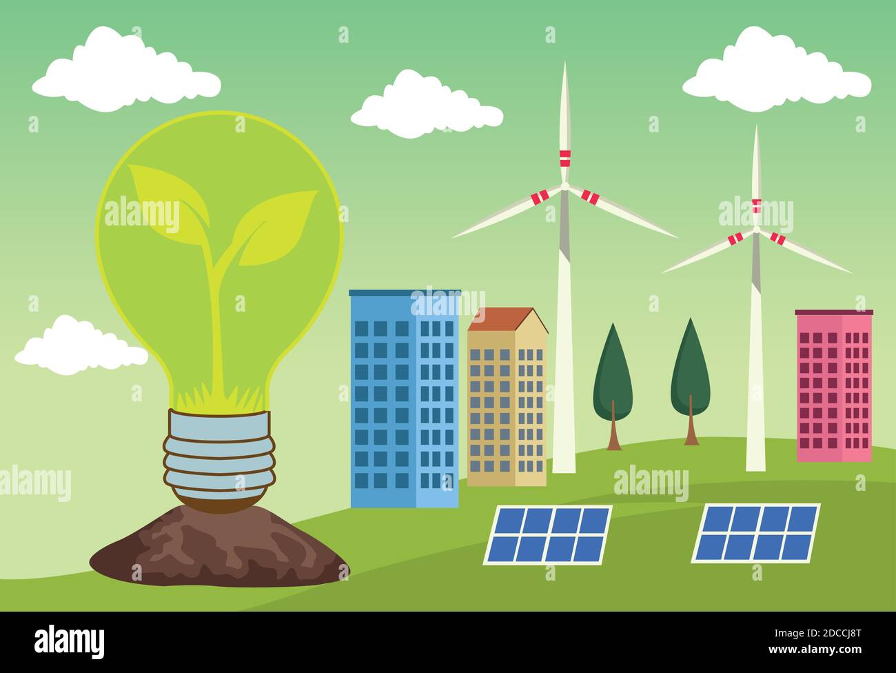 save the world environmental poster with eco city and bulb vector ...