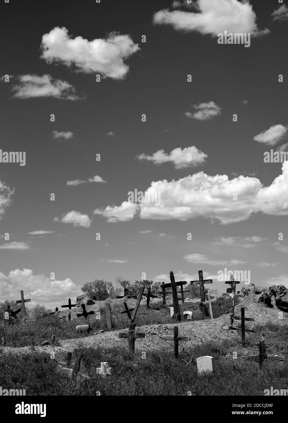 Crosses mark the graves of Native Americans in the cemetery in Taos Pueblo in Taos, New Mexico