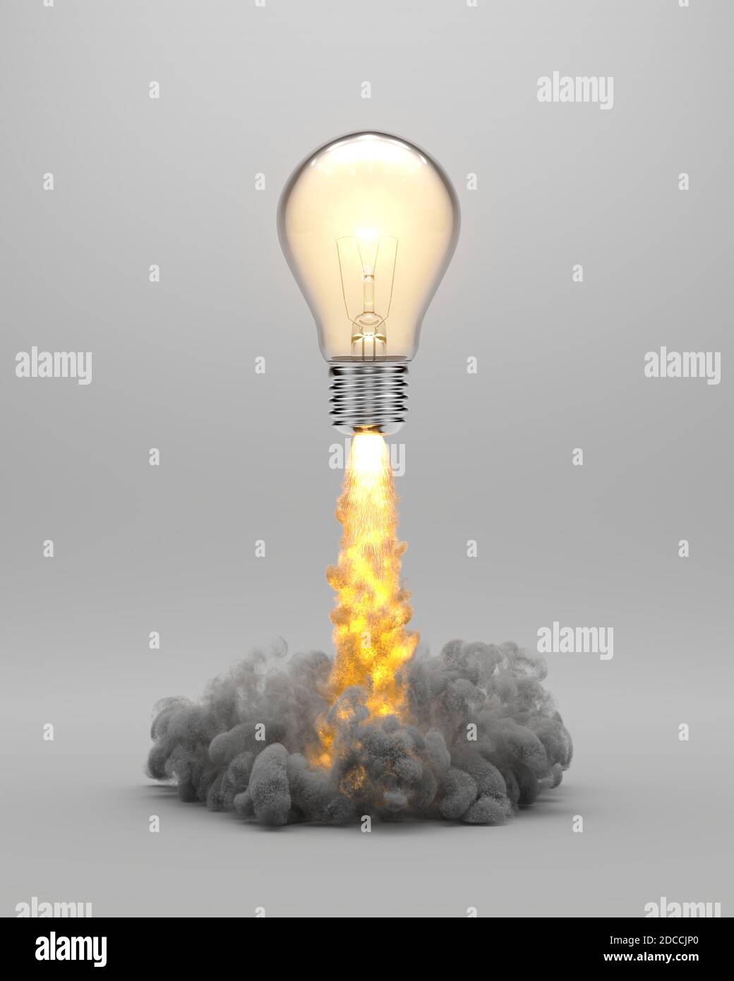 Lift off of a light bulb like a rocket, abstract illustration of the release of a brilliant idea Stock Photo