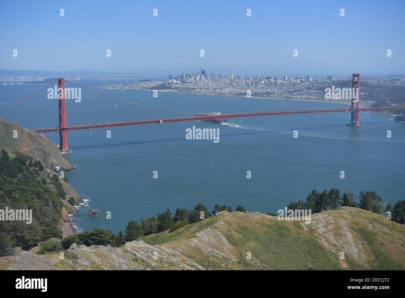 The Golden Gate Bridge is a suspension bridge spanning the Golden Gate, the one-mile-wide strait connecting San Francisco Bay and the Pacific Ocean. Stock Photo