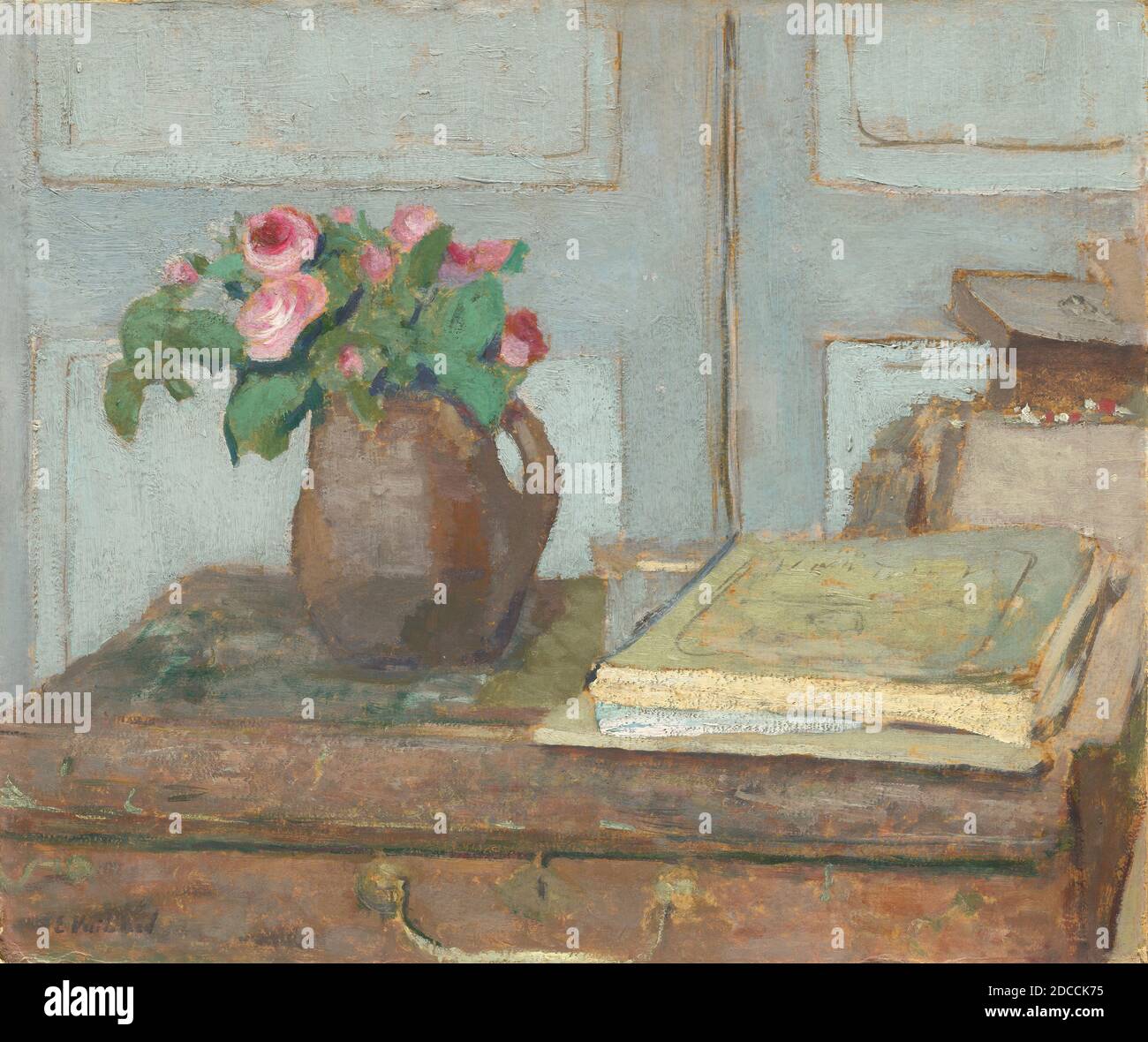 Edouard Vuillard, (artist), French, 1868 - 1940, The Artist's Paint Box and Moss Roses, 1898, oil on cardboard, overall: 36.1 x 42.9 cm (14 3/16 x 16 7/8 in.), framed: 59.4 x 66 x 5.7 cm (23 3/8 x 26 x 2 1/4 in Stock Photo