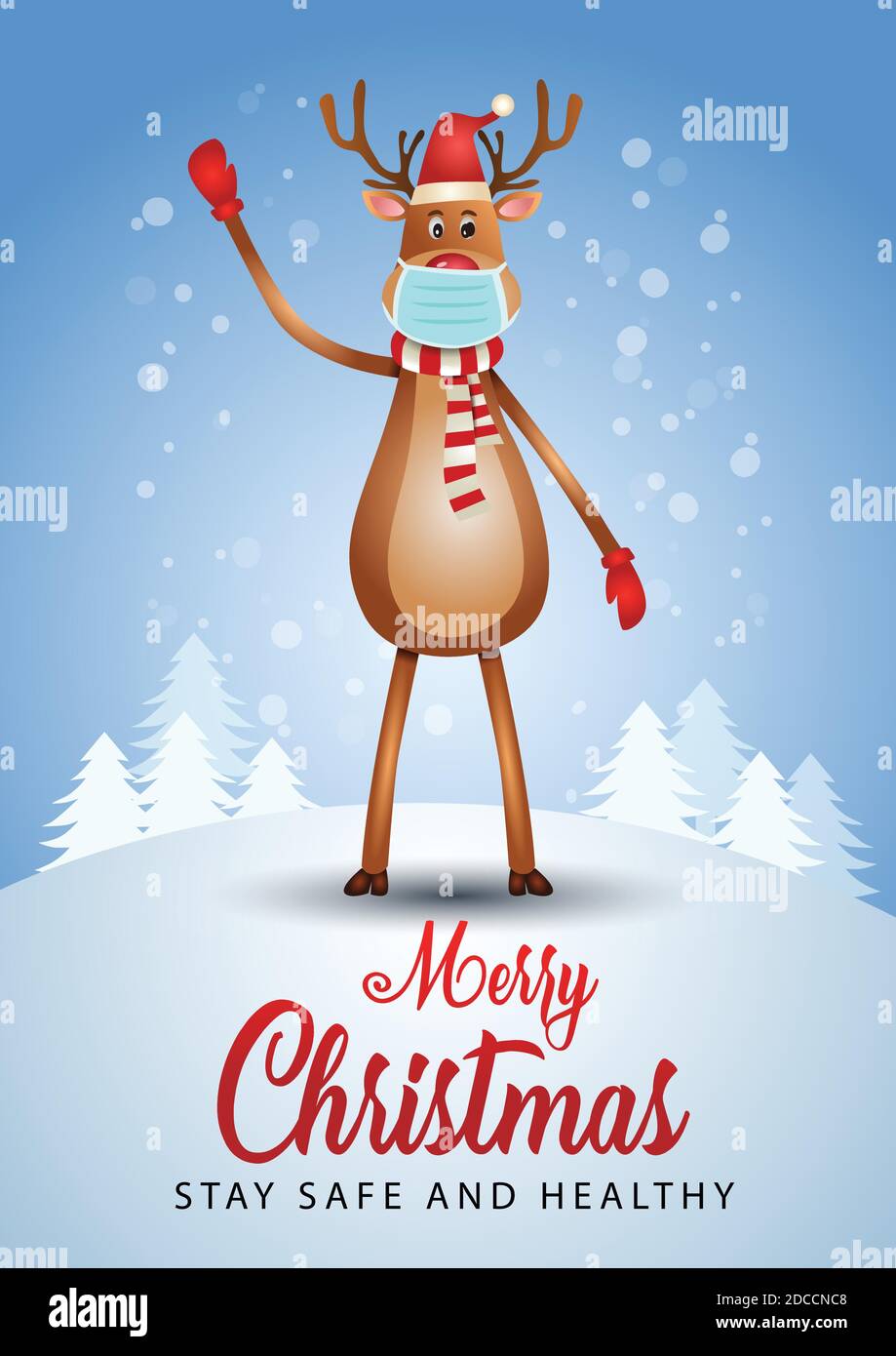 Merry Christmas poster. reindeer wearing medical mask and Santa hat
