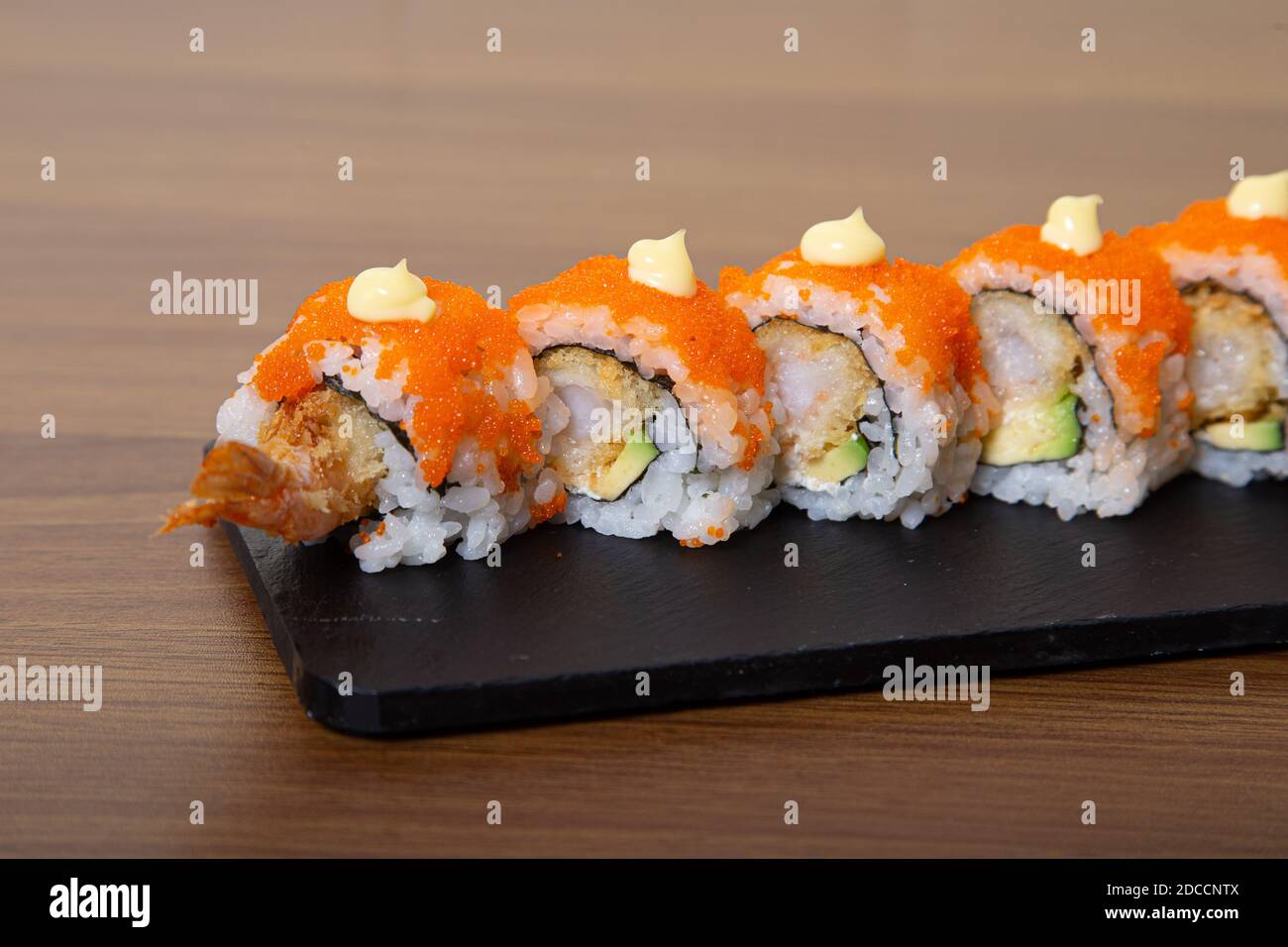 Fusion California Roll Sushi,stuff with Salmon,cucumber,crab Stick and  Sweet Egg,Stylist Food with Blur Boken Background,Japanese Stock Photo -  Image of maguro, local: 91910644